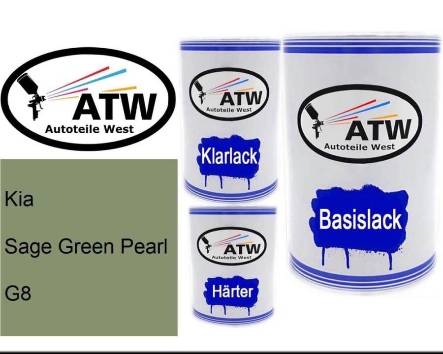 Kia, Sage Green Pearl, G8: 500ml Lackdose + 500ml Klarlack + 250ml Härter - Set, von ATW Autoteile West.